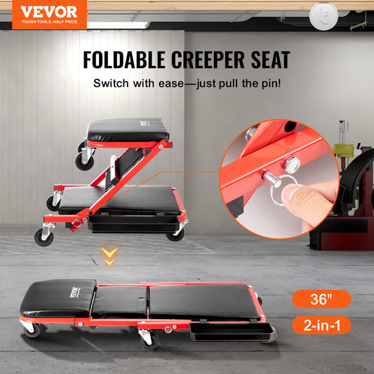 SucceBuy Foldable Z Garage Creeper, 36/40 in Rolling Folding Mechanic Creeper Stool with 6 Wheels Padded Seat for Garage Shop
