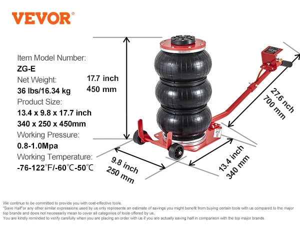 Vevor Pneumatic Jack 3 Ton/5 Ton Triple Bag Air Jack Quick Lift Heavy Duty Car Repair Jacks Folding Rod Jacks with Two Wheels