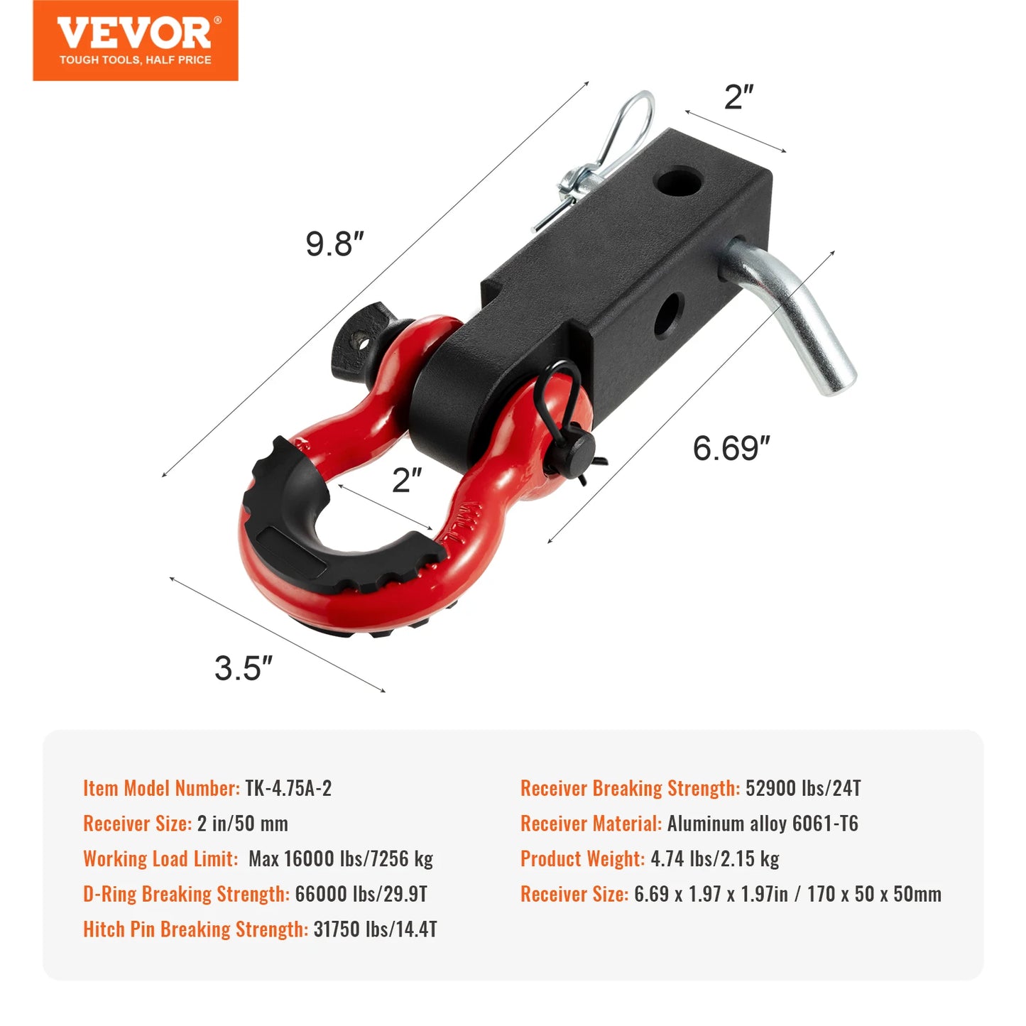 Vevor 2in D-Ring Shackle Hitch Receiver with Trailer Hitch Lock Pin Towing Accessories for Trucks Off-Road Vehicle Recovery