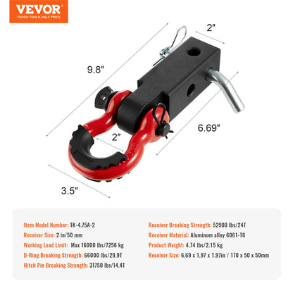 Vevor 2in D-Ring Shackle Hitch Receiver with Trailer Hitch Lock Pin Towing Accessories for Trucks Off-Road Vehicle Recovery