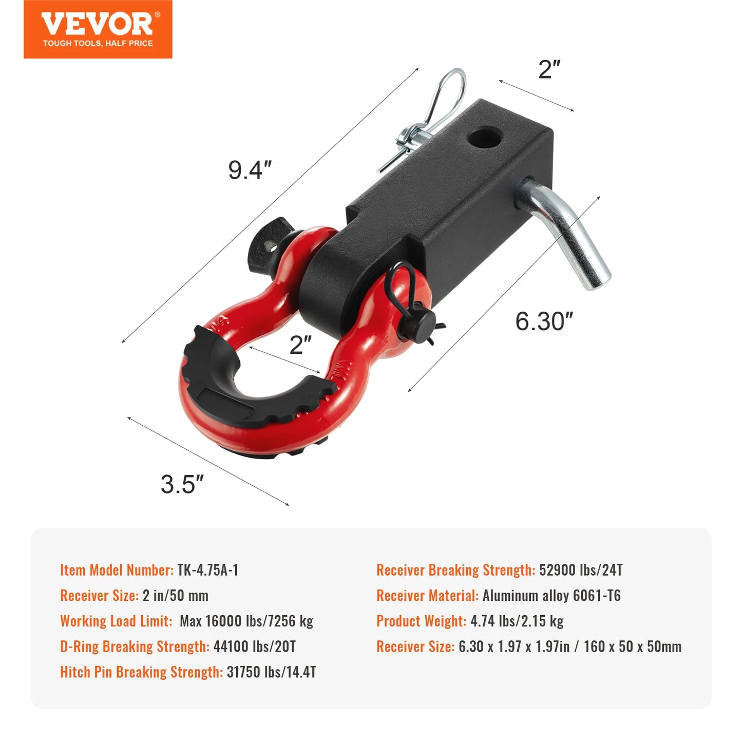 Vevor 2in D-Ring Shackle Hitch Receiver with Trailer Hitch Lock Pin Towing Accessories for Trucks Off-Road Vehicle Recovery