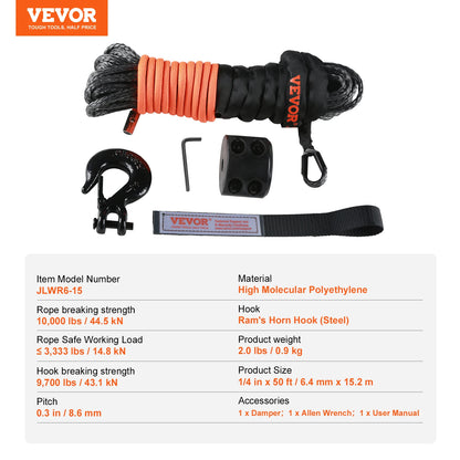 Vevor 8350/10000 lbs Synthetic Winch Rope 50ft Line String Cable Rope with Forged Winch Hook for ATV Car Outdoor Accessories