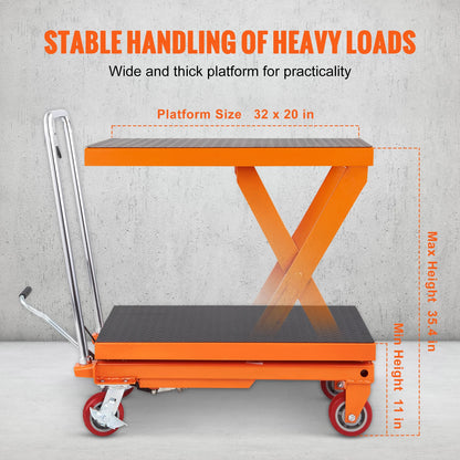 Vevor 1100lbs Hydraulic Lift Table Cart Manual  Scissor 35.4" Lifting Height with 4 Wheels for Material Handling Transport