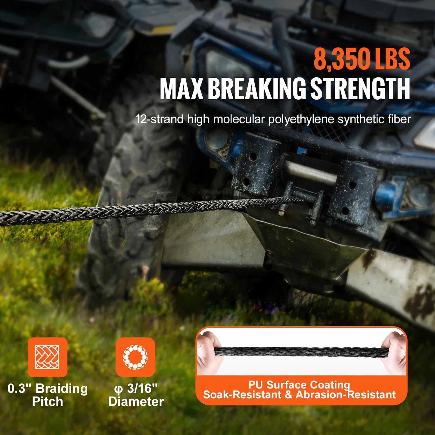 Vevor 8350/10000 lbs Synthetic Winch Rope 50ft Line String Cable Rope with Forged Winch Hook for ATV Car Outdoor Accessories