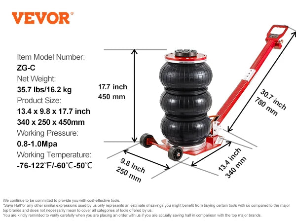 Vevor Pneumatic Jack 3 Ton/5 Ton Triple Bag Air Jack Quick Lift Heavy Duty Car Repair Jacks Folding Rod Jacks with Two Wheels