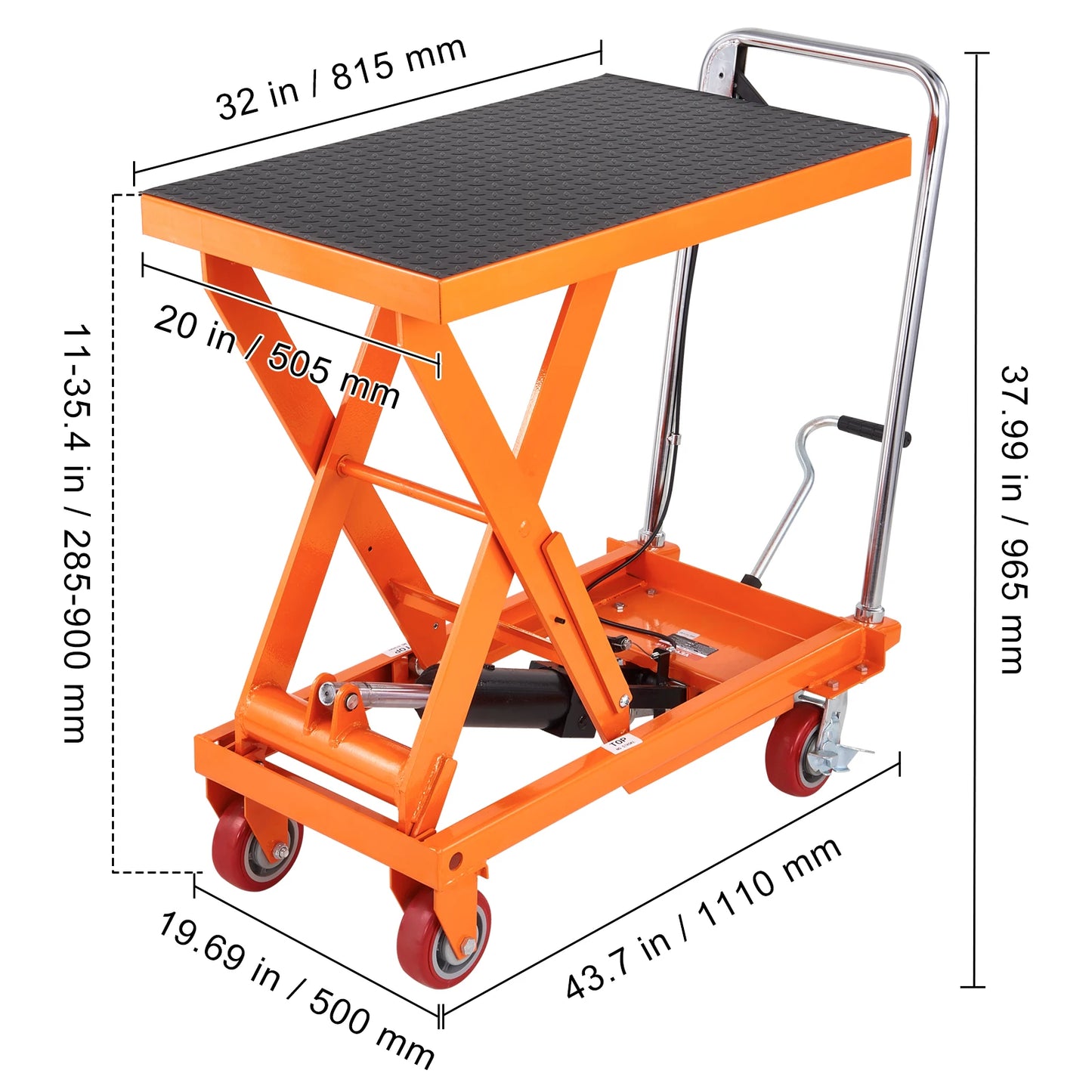 Vevor 1100lbs Hydraulic Lift Table Cart Manual  Scissor 35.4" Lifting Height with 4 Wheels for Material Handling Transport
