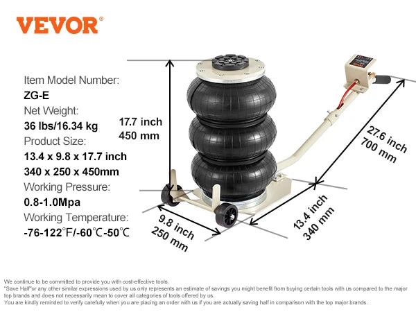 Vevor Pneumatic Jack 3 Ton/5 Ton Triple Bag Air Jack Quick Lift Heavy Duty Car Repair Jacks Folding Rod Jacks with Two Wheels