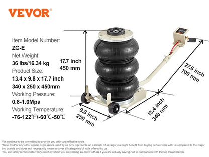 Vevor Pneumatic Jack 3 Ton/5 Ton Triple Bag Air Jack Quick Lift Heavy Duty Car Repair Jacks Folding Rod Jacks with Two Wheels