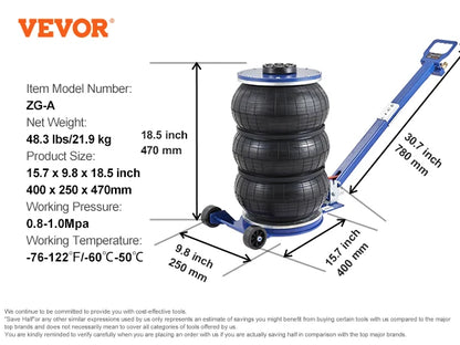 Vevor Pneumatic Jack 3 Ton/5 Ton Triple Bag Air Jack Quick Lift Heavy Duty Car Repair Jacks Folding Rod Jacks with Two Wheels