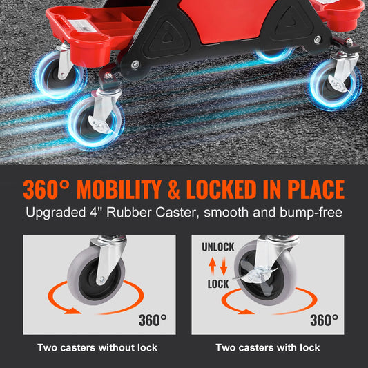 SucceBuy Rolling Mechanic Seat 300 LBS with Wheels Tool Trays Drawer Heavy Duty Roller Creeper Seat for Garage DIY Automotive