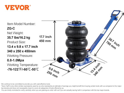Vevor Pneumatic Jack 3 Ton/5 Ton Triple Bag Air Jack Quick Lift Heavy Duty Car Repair Jacks Folding Rod Jacks with Two Wheels