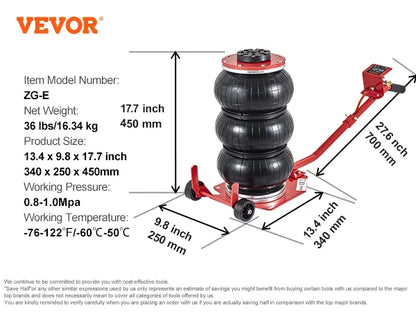 Vevor Pneumatic Jack 3 Ton/5 Ton Triple Bag Air Jack Quick Lift Heavy Duty Car Repair Jacks Folding Rod Jacks with Two Wheels